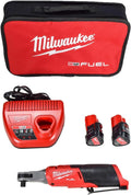 Milwaukee M12 FUEL 12-Volt Lithium-Ion Brushless Cordless High Speed 3/8 in. Ratchet Kit w/(2) Batteries, Charger and Bag