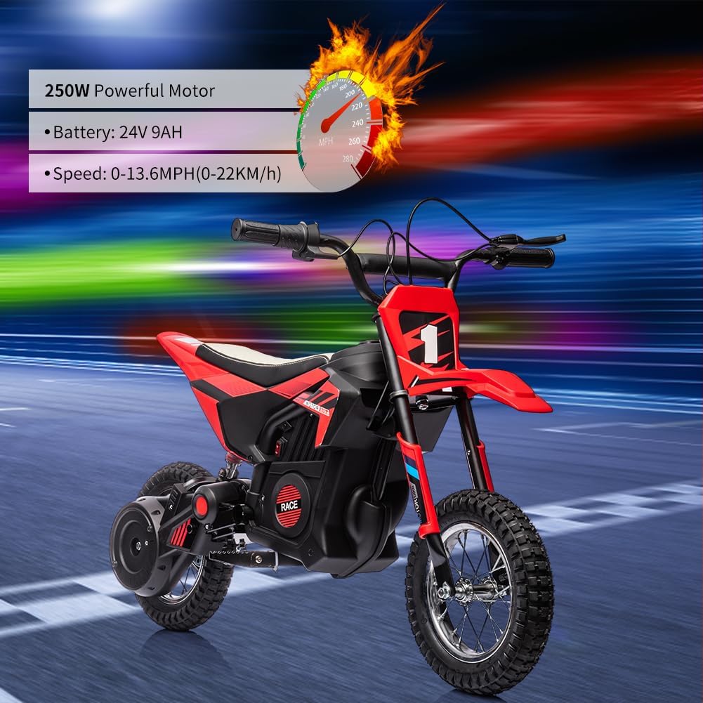 24V Electric Off-Road Motorcycle,250W Motor 13.6MPH Fast Speed Motocross,Leather Seat Dirt Bike,Twist Grip Throttle,Metal Suspension,Air-Filled Tires,for Kids Teens 8+ (Red)