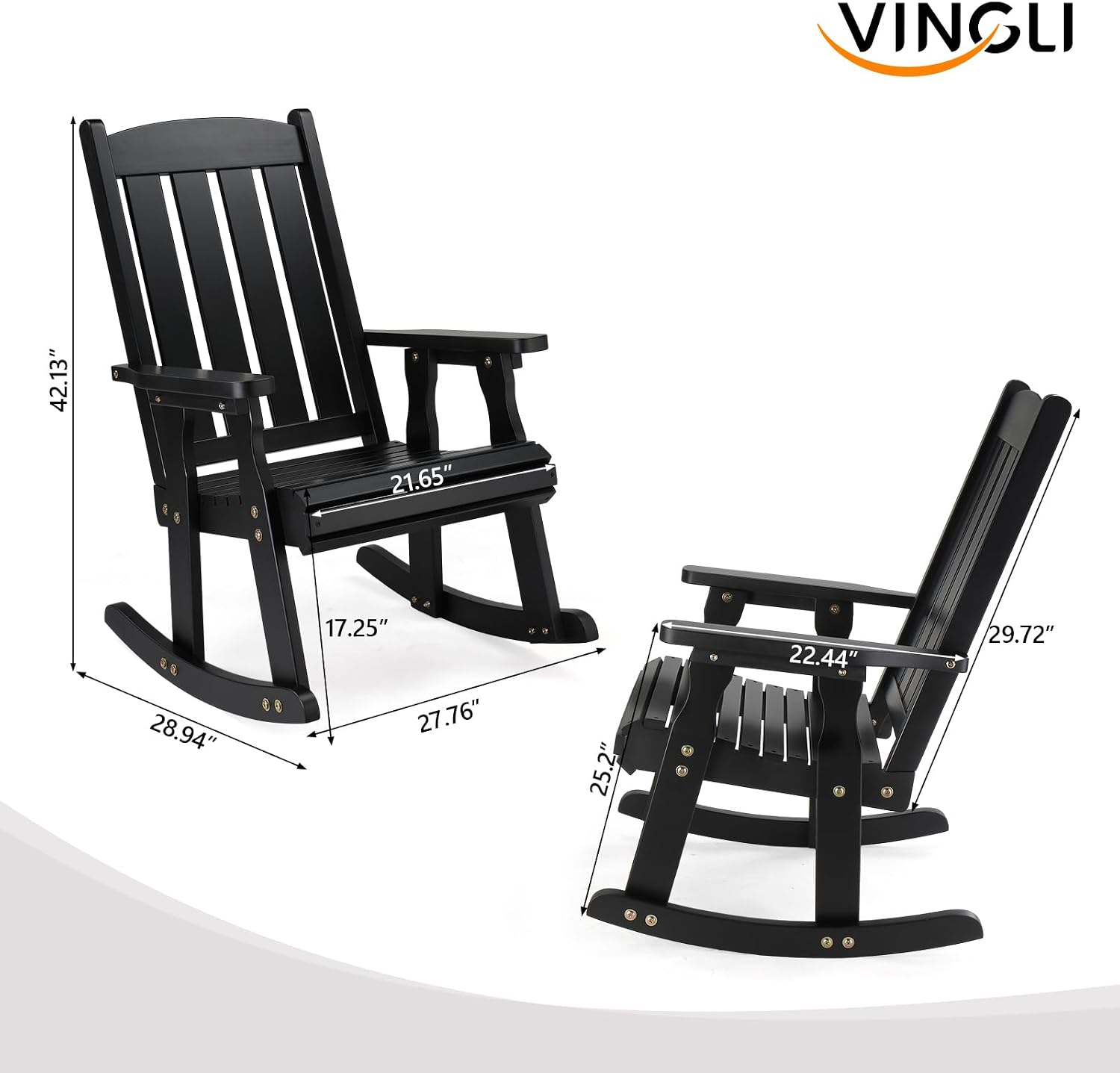 VINGLI Outdoor Rocking Chair Set of 2, Heavy Duty 600 LBS Wooden Rocking Chair with Comfortable Backrest, Weatherproof Rocker with Ergonomic Design, Suit for Patio, Garden, Yard, Black