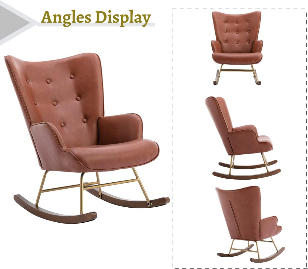 EALSON Nursery Rocking Chair Leather Upholstered Lounge Chair Tufted Wingback Accent Rocker Chair with Wooden Base Modern Comfy Armchair for Bedroom Living Room,PU Brown