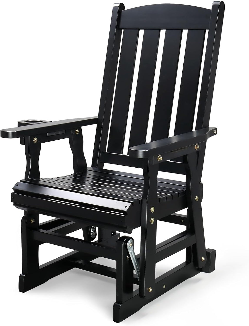 VINGLI Wooden Patio Glider, Heavy Duty 600 LBS Outdoor Glider with Cup Holders, Single Wooden Glider Bench with High Backrest for Garden, Yard, Patio, Black