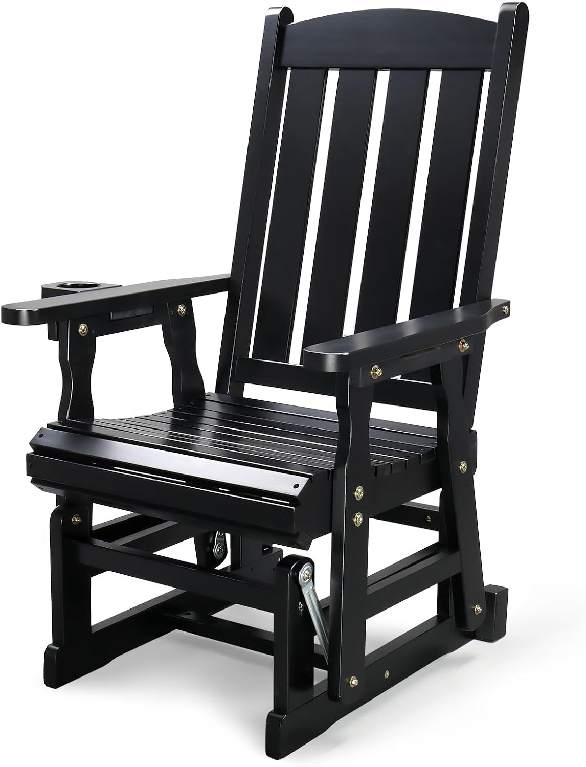 VINGLI Wooden Patio Glider, Heavy Duty 600 LBS Outdoor Glider with Cup Holders, Single Wooden Glider Bench with High Backrest for Garden, Yard, Patio, Black