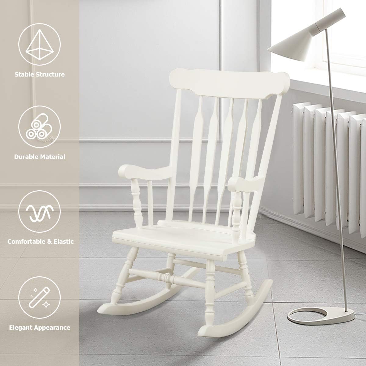 Giantex Outdoor Wood Rocking Chair - Patio Rocking Chair with Solid Rubber Wood Frame, Slat Back, Outside & Indoor Rocker for Garden, Poolside, Balcony, Backyard, Lawn, Front Porch Rocker, White