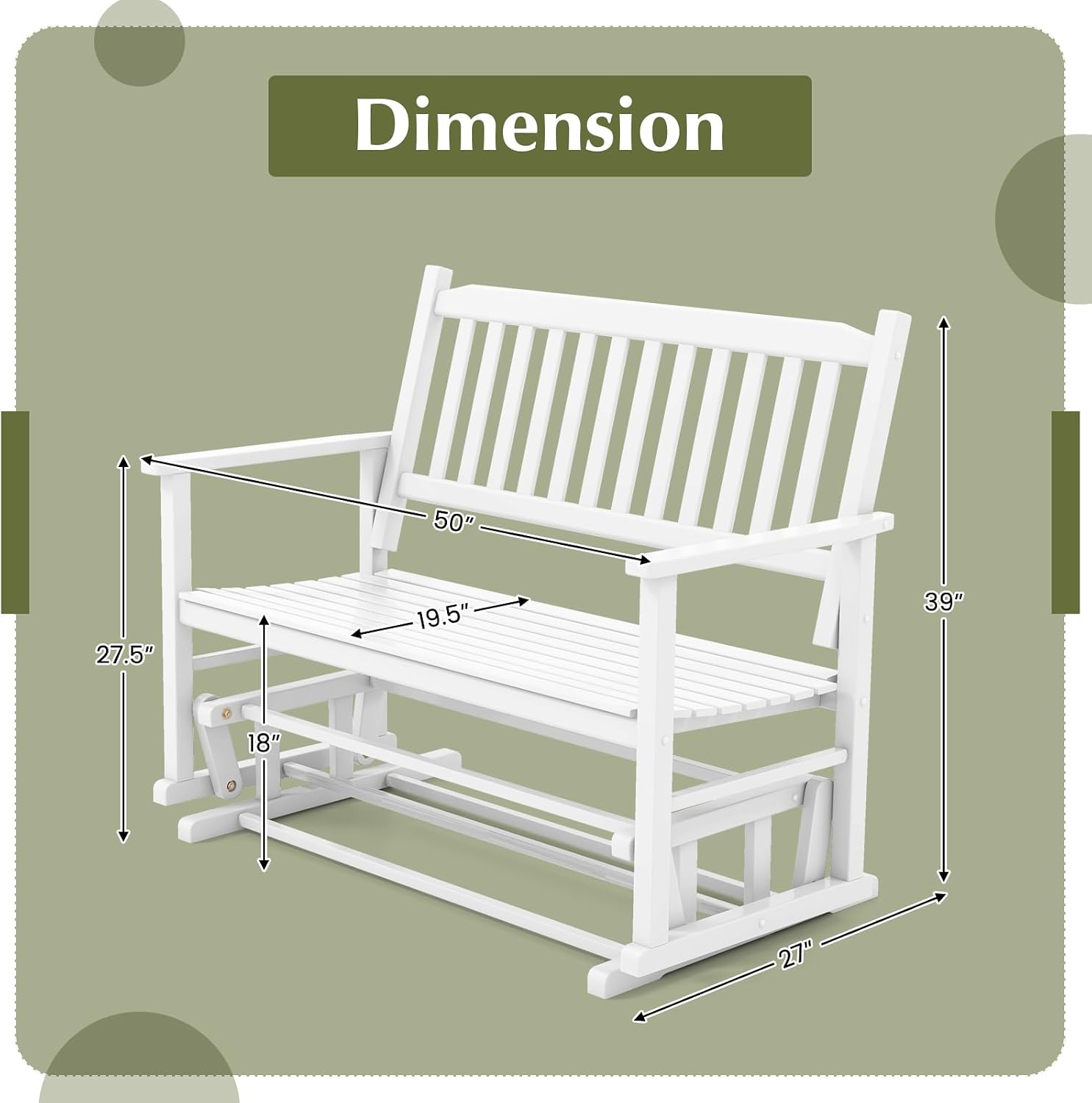 Tangkula 2 Person Outdoor Glider Bench, Poplar Wood Patio Swing Glider Loveseat with Armrests, Slatted Seat & Backrest, Porch Rocking Glider Bench for Backyard, Garden, Deck (White)