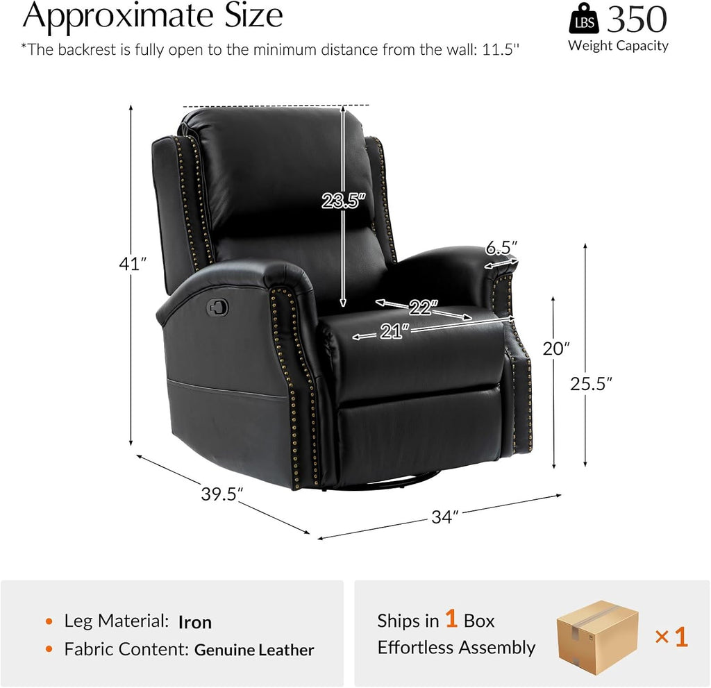 HULALA HOME Genuine Leather Recliner Chair, Swivel Rocker Chair with Thick Seat, Classic Push Back Armchair with Backrest, Nailhead Trim Set of 2, Black