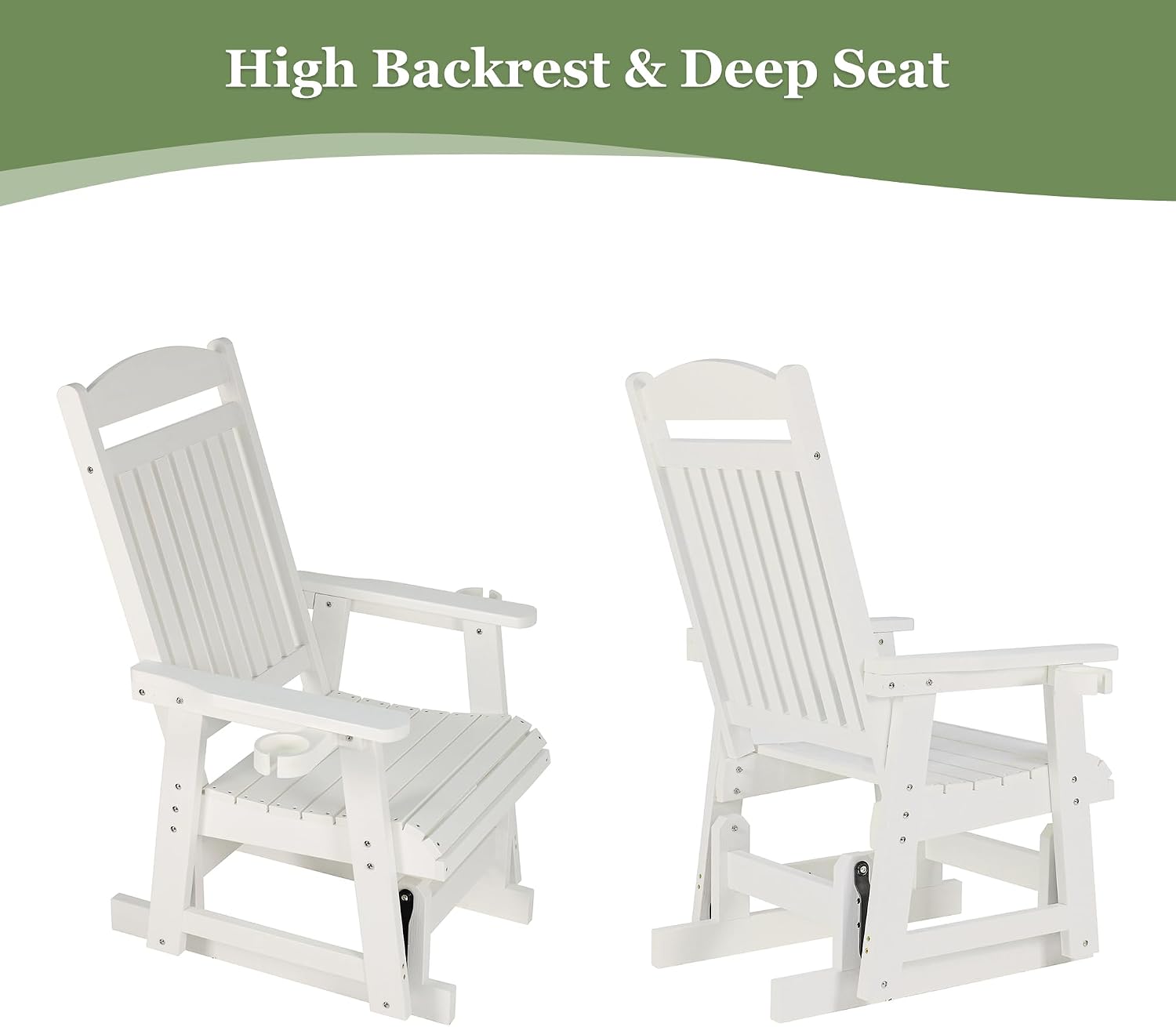 Poly Lumber Patio Glider for One Person, with Cup Holders, High Backrest and Deep Contoured Seat, HIPS Material, All-Weather Resistant, Heavy Duty 700 LBS (Ivory White)