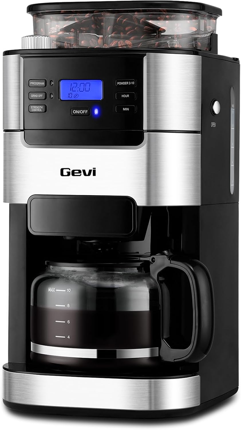 Gevi 10-Cup Drip Coffee Maker with Burr Grinder | Programmable Timer, 1.5L Water Tank, Reusable Filter, Warming Plate, All-in-One Brew & Grind Coffee Machine