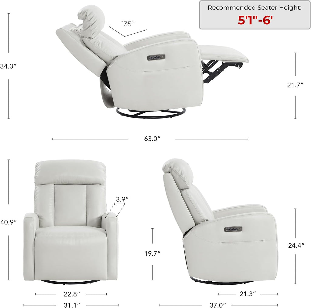 CHITA Leather Power Swivel Recliner Chair for Adults, Triple Motor Electric Rocker Recliner for Living Room with Adjustable Headrest and Lumbar Support, USB & Type-C Charging Ports, Creamy Grey