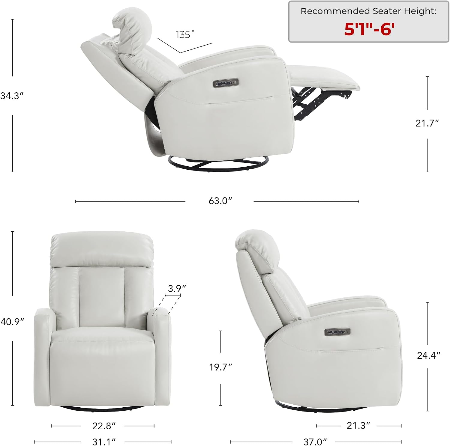 CHITA Leather Power Swivel Recliner Chair for Adults, Triple Motor Electric Rocker Recliner for Living Room with Adjustable Headrest and Lumbar Support, USB & Type-C Charging Ports, Creamy Grey