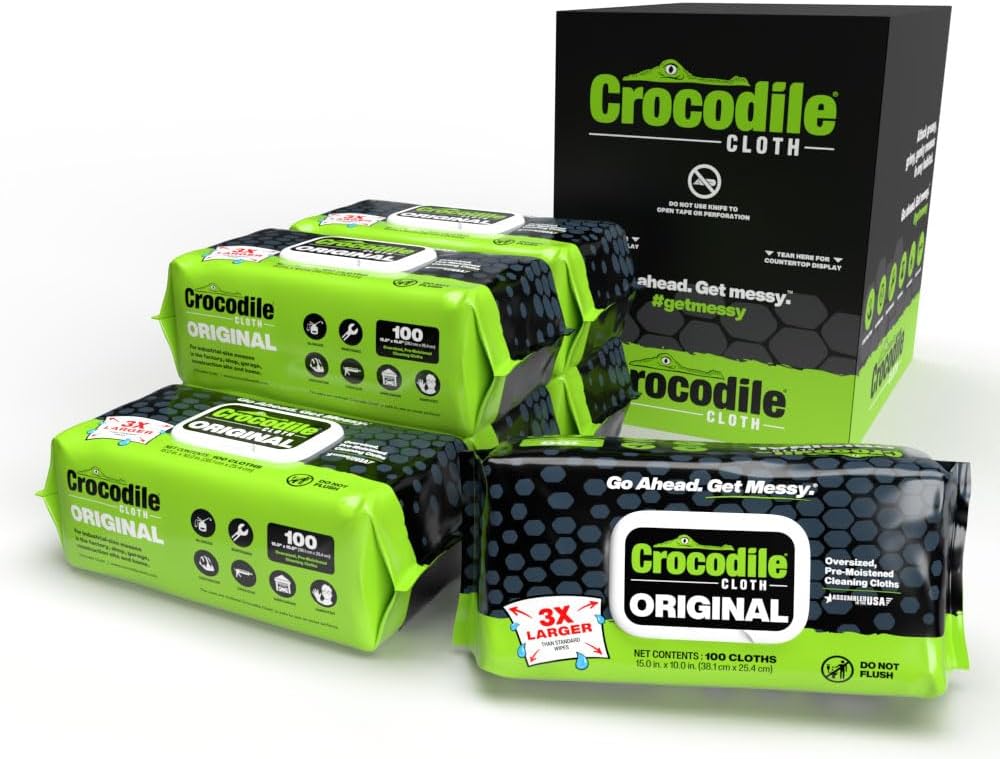 Crocodile Cloth Original Cleaning Wipes, Heavy-Duty Multi-Surface Hand & Tool Wipes, Water-Based, Safe on Skin, 600 Count (6 Packs of 100), 15 x 10 Inch