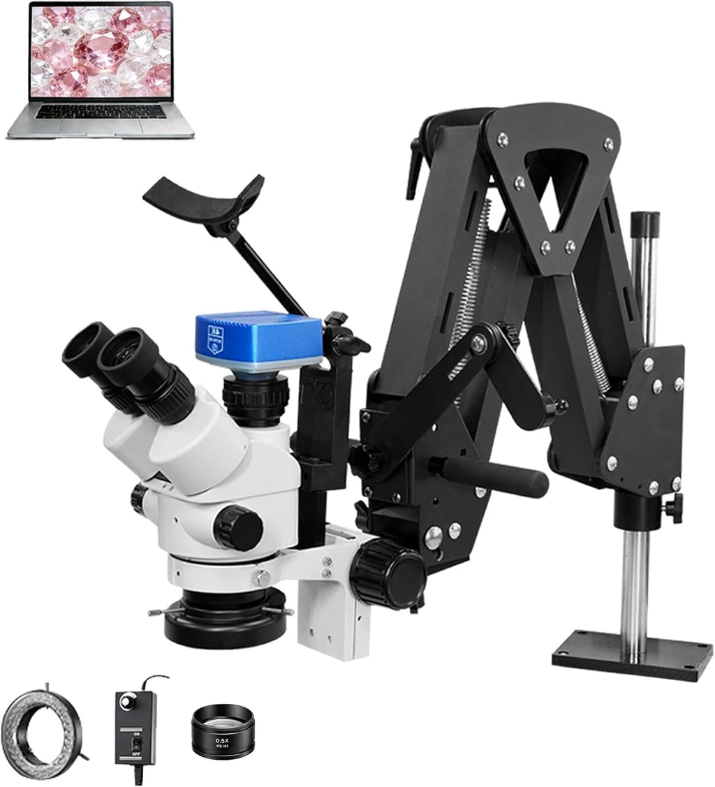 DZQ Jewelry Trinocular Microscope with Camera, 7X-45X Magnification with Multi-Directional Stand 0.5X Barlow Lens & Camera Eyepiece, 60 Ring Light Illuminator, Jewelers Microscope for Engraving Making