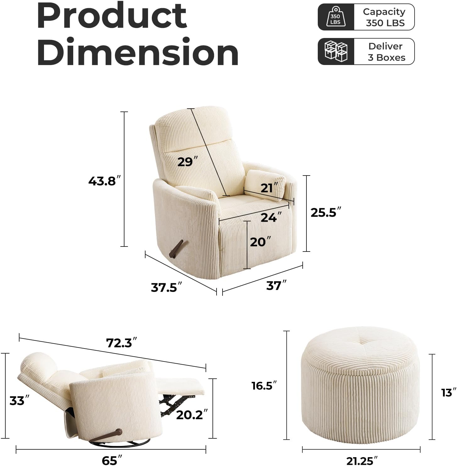 Oversized Swivel Rocker Recliner Chair with Massage and Heat, Manual Swivel Glider Rocker Recliner with 2 Pillows, Rocking Nursery Chair with Storage Ottoman, Adjustable Headrest,Corduroy Beige