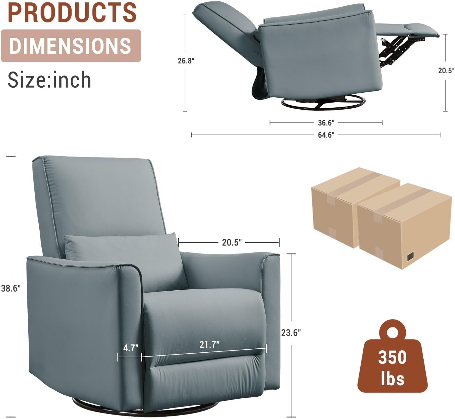 GarveeHome Recliner Chair, 360° Swivel Rocker Glider Nursery Chair with Padded Armrest and Deep Seat, PU Leather Upholstered Reclining Sofa Chair for Living Room, Bedroom and Nursery (Silver)