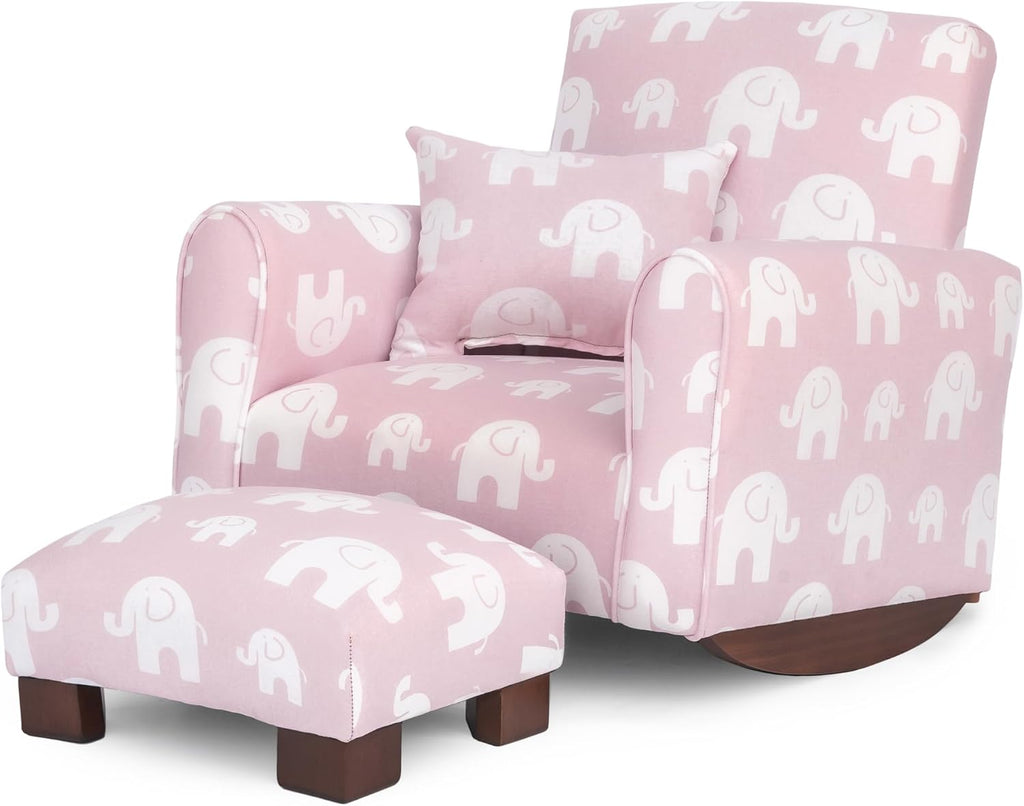 Toddler Personalized Armchair, Kids Upholstered Rocking Chair with Personalization, Toddler Chair with Personalized Name, Comfy Child Armchair, (Pink Elephants Print, Rockers)