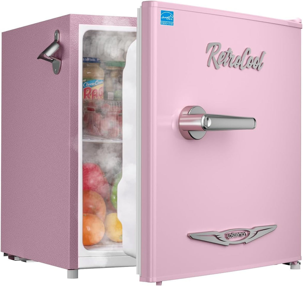 Upstreman 1.7 Cu.Ft Retro Mini Fridge, Low Noise, Energy Saving, Adjustable Thermostat, Single Door, Side Bottle Opener, Metal Handle, Compact Refrigerator for Office, Bedroom, Dorm-FR17 PRO (Pink)