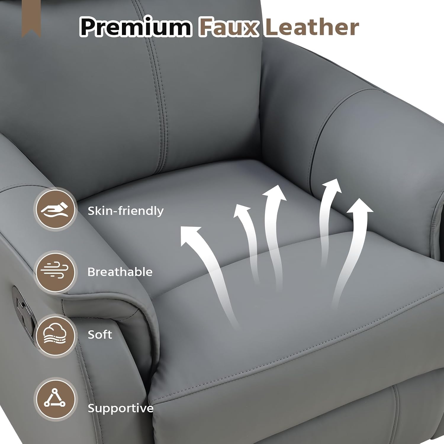 HAOMARKETS Swivel Rocker Recliner Chair, Manual Faux Leather Glider Rocking Recliners for Adults, 360° Swivel Nursery Reclining Sofa with Padded Backrest for Living Room, Grey