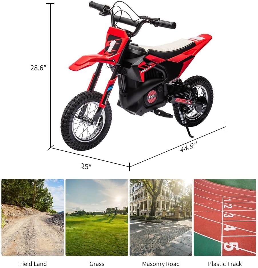 24V Electric Off-Road Motorcycle,250W Motor 13.6MPH Fast Speed Motocross,Leather Seat Dirt Bike,Twist Grip Throttle,Metal Suspension,Air-Filled Tires,for Kids Teens 8+ (Red)
