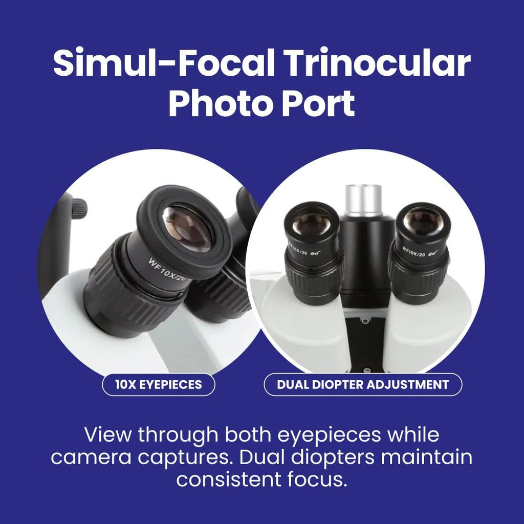 AmScope SM-4TPZ Professional Trinocular Stereo Zoom Microscope with Simultaneous Focus Control, WH10x Eyepieces, 3.5X-90X Magnification, 0.7X-4.5X Zoom Objective, Ambient Lighting, Double-Arm Boom Stand, Includes 0.5X and 2.0X Barlow Lens