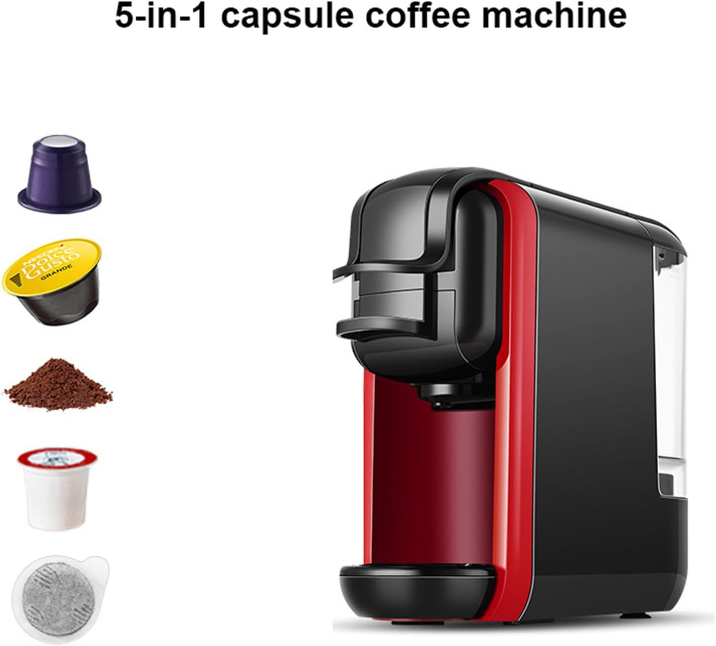 Capsule Coffee Machine, 5-in-1 Espresso Machine for Kcup*/NES*/DG*/Espresso Powder,19Bar Espresso Maker,1450W Fast Heat Coffee Machine