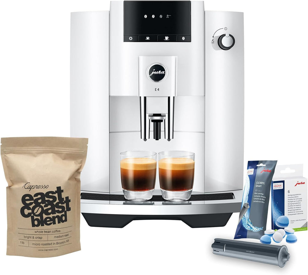 Jura E4 Automatic Coffee Machine (Piano White) with CLEARYL Smart+ Water Filtration, 6 Cleaning Tablets and East Coast Blend Whole Bean Coffee (4 Items)