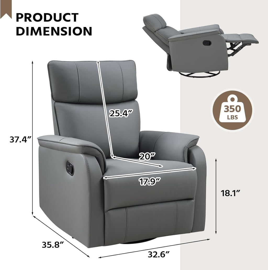HAOMARKETS Swivel Rocker Recliner Chair, Manual Faux Leather Glider Rocking Recliners for Adults, 360° Swivel Nursery Reclining Sofa with Padded Backrest for Living Room, Grey