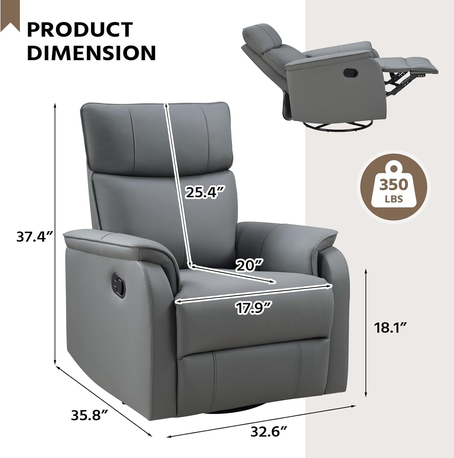 HAOMARKETS Swivel Rocker Recliner Chair, Manual Faux Leather Glider Rocking Recliners for Adults, 360° Swivel Nursery Reclining Sofa with Padded Backrest for Living Room, Grey