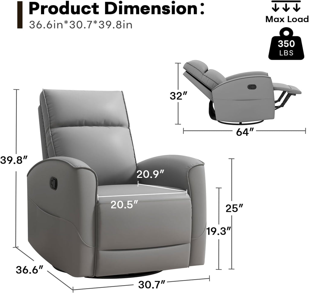 HAOMARKETS Swivel Rocker Recliner Chair, Manual Faux Leather Glider Rocking Recliners for Adults, 360° Swivel Nursery Reclining Sofa with Storage Pocket