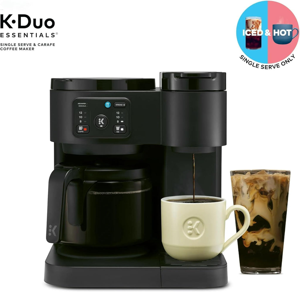 K-Duo Essentials Hot & Iced Single-Serve Coffee Maker with 12-Cup Glass Carafe, Brews KCup Pods & Coffee Grounds, Multiple Brew Sizes, 72 oz Reservoir, Pause & Pour Feature (Blacks)