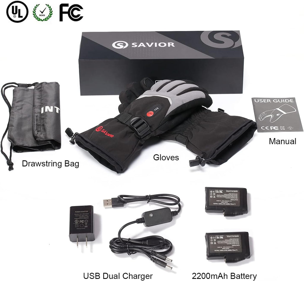 SAVIOR HEAT Rechargeable Heated Gloves with 3 Heating Levels - Electric Ski Gloves, Touchscreen, Waterproof for Men Women