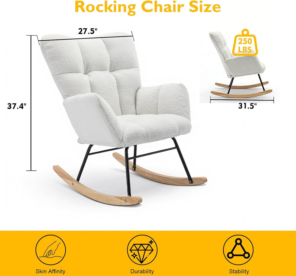 Teddy Glider Rocker Chair, Upholstered Rocking Chair for Nursery, Accent Chair with Headrest/Side Pocket, Comfy Baby Rocker Armchair & Adult Rocking Chair (Teddy, White Without Headrest, Single)