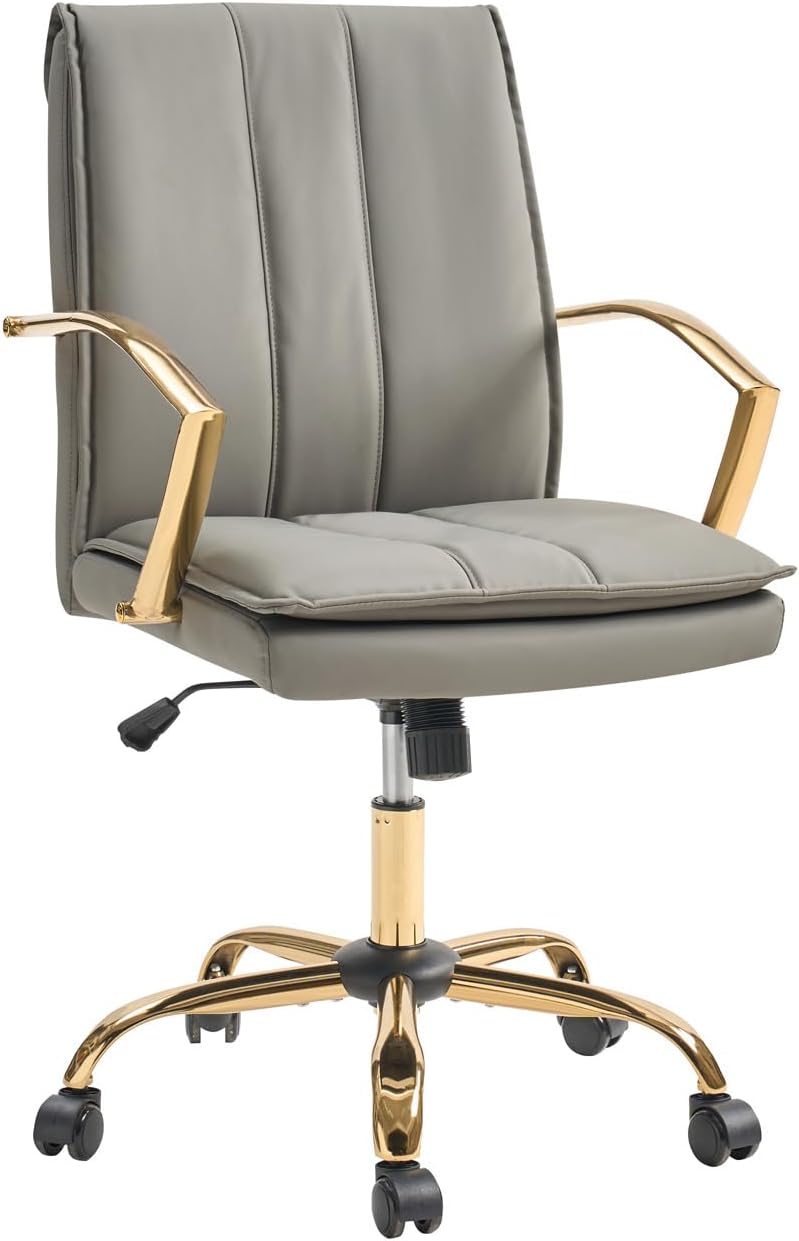 HULALA HOME Faux Leather Office Chair, Modern Adjustable Swivel Rocking Rolling Wheels Computer Desk Chair with Gold Legs and Arms, Upholstered Study Chair (Grey)