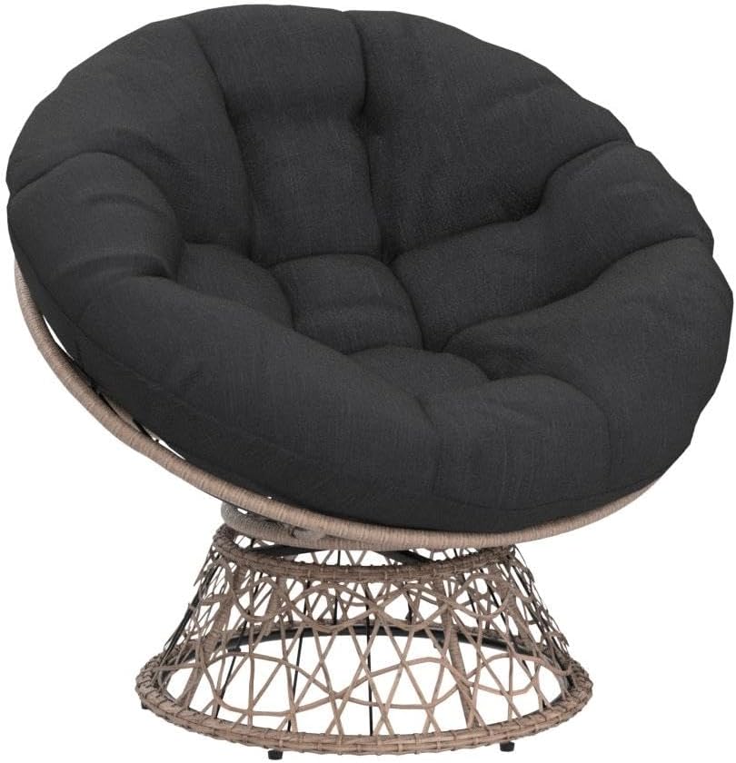 Bme 40' Ergonomic Wicker Papasan Chair with Soft Thick Density Fabric Cushion, High Capacity Steel Frame, 360 Degree Swivel for Living, Bedroom, Reading Room, Lounge, Onyx Stone - Brown Base