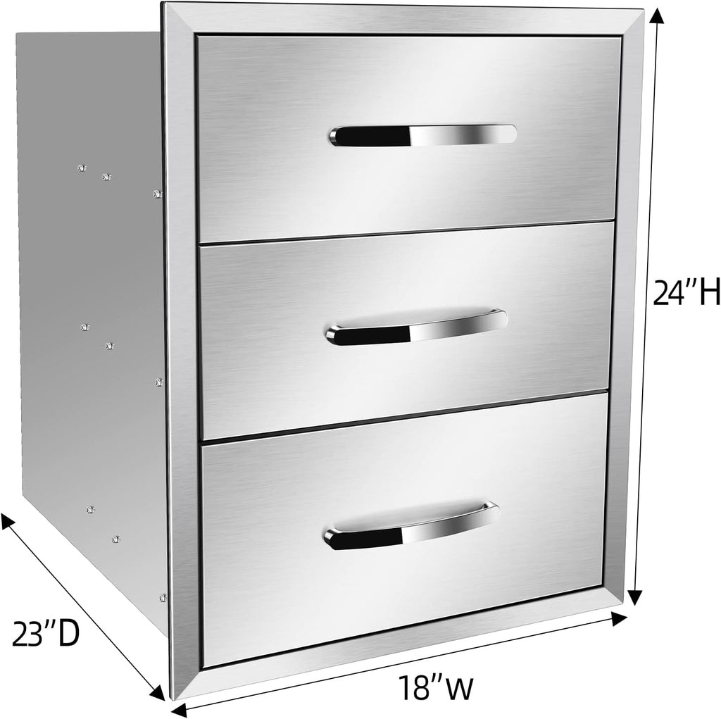 Outdoor Kitchen Drawer Stainless Steel BBQ Triple Drawer Flush Mount for Outdoor Kitchen Island,-18W X 24H X 23D Inch