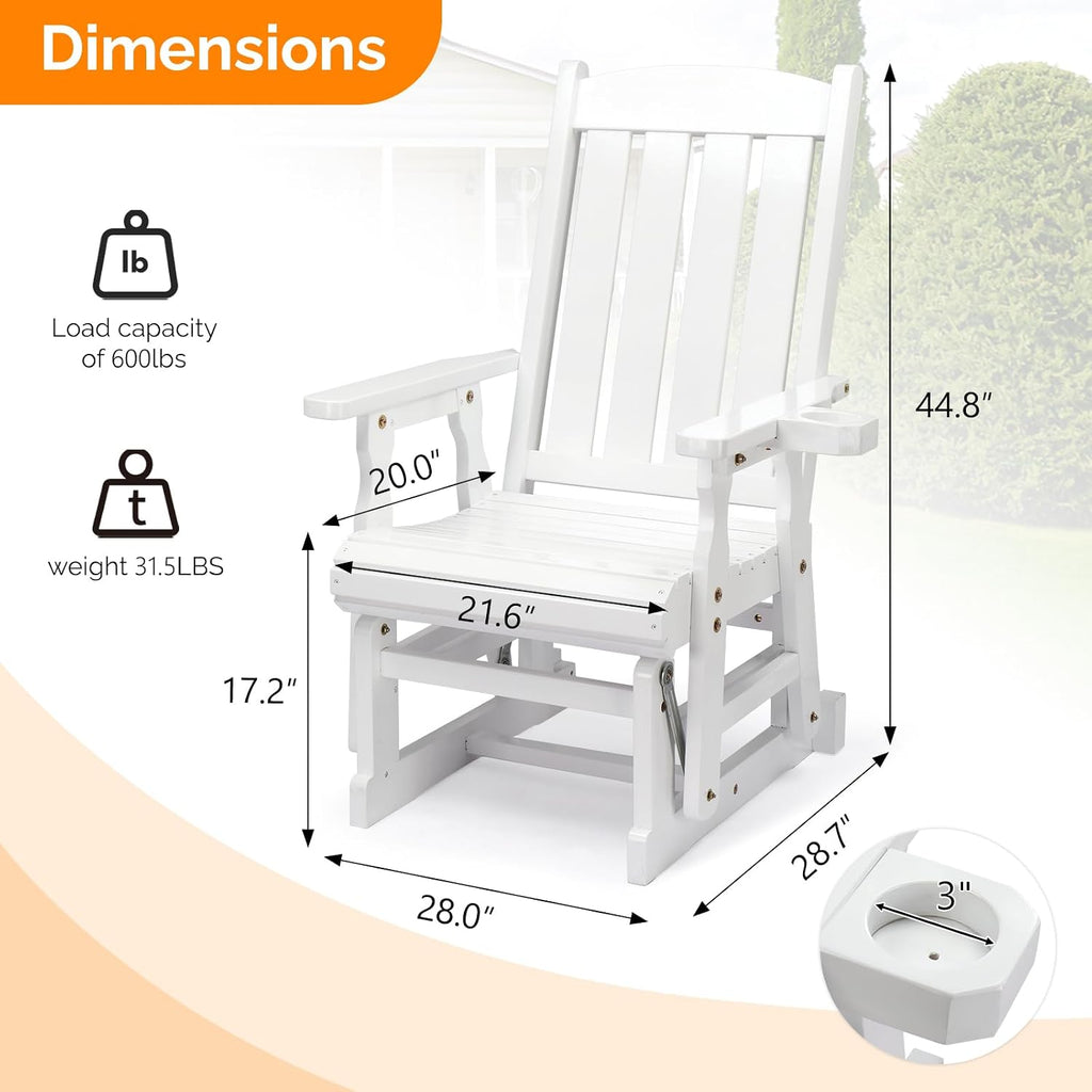 VINGLI Outdoor Glider Chair Wood Patio Glider with Cup Holder, Porch Glider with Smooth Rocking Mechanism, Heavy Duty 600 LBS, White
