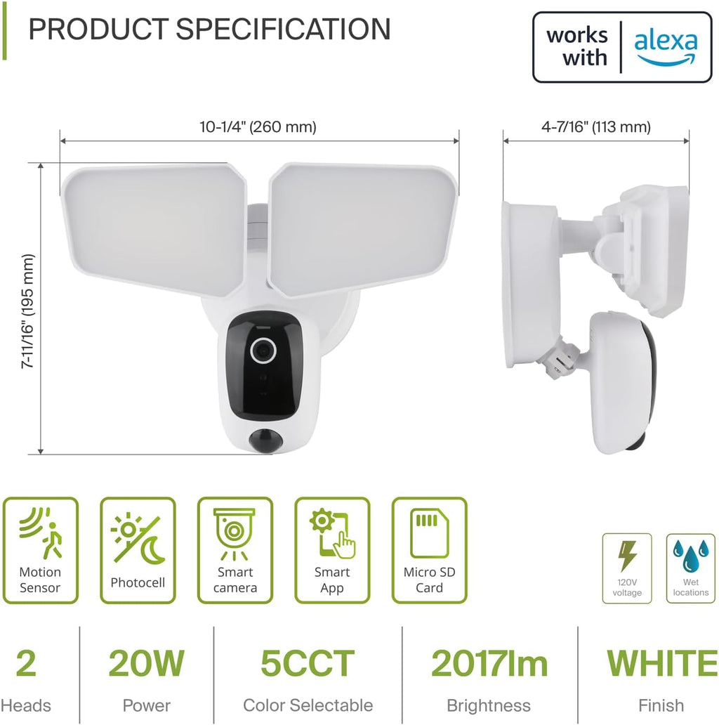ASD Security Flood Light Camera Outdoor - Smart Floodlight Camera, 180° Motion Sensor Light, Works with Alexa & Google Assistant, 20W 120V 2700-5000K, Dusk to Dawn Lighting, UL, DLC Premium 6 Pack