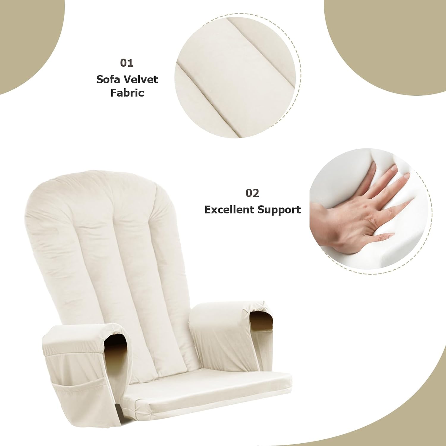 Lucky Monet 5PCS Velvet Glider Rocker Replacement Cushions, Thickened & Supportive Rocking Chair Cushion Set with 29.5 Inch High Backrest & Storage Pockets, for Indoor Nursery Glider, Beige
