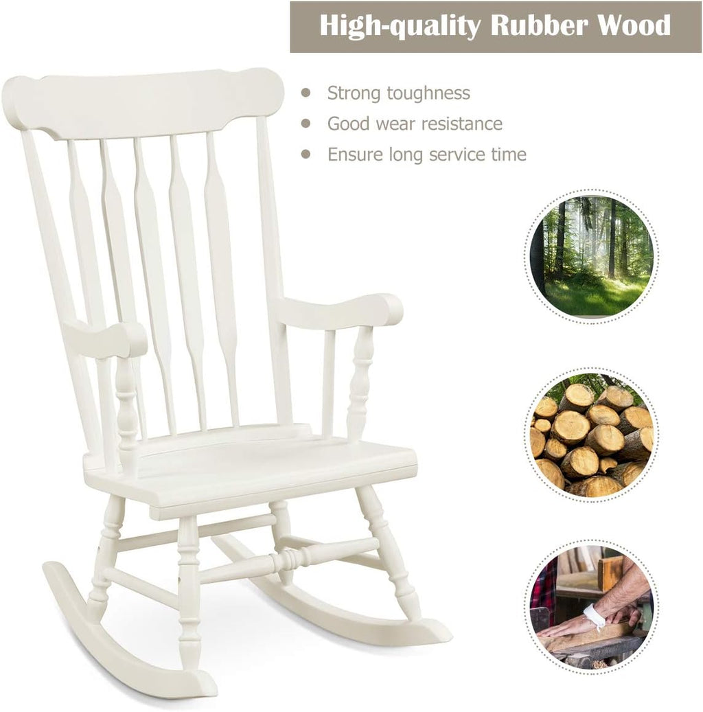 Giantex Outdoor Wood Rocking Chair Set of 2 - Patio Rocking Chair with Rubber Wood Frame, Slat Back, Outside & Indoor Rocker for Garden, Poolside, Balcony, Backyard, Lawn, Front Porch Rocker, White