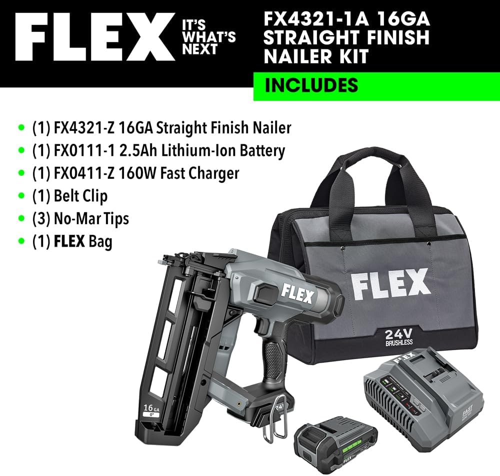 FLEX 24V Brushless Cordless 16 Gauge Straight Finish Nailer Kit, Zero Ramp-up, Heavy Duty Decorative Trim, Drives 3/4' to 2-1/2', Lightweight w/ 2.5Ah Battery & 160W Fast Charger - FX4321-1A