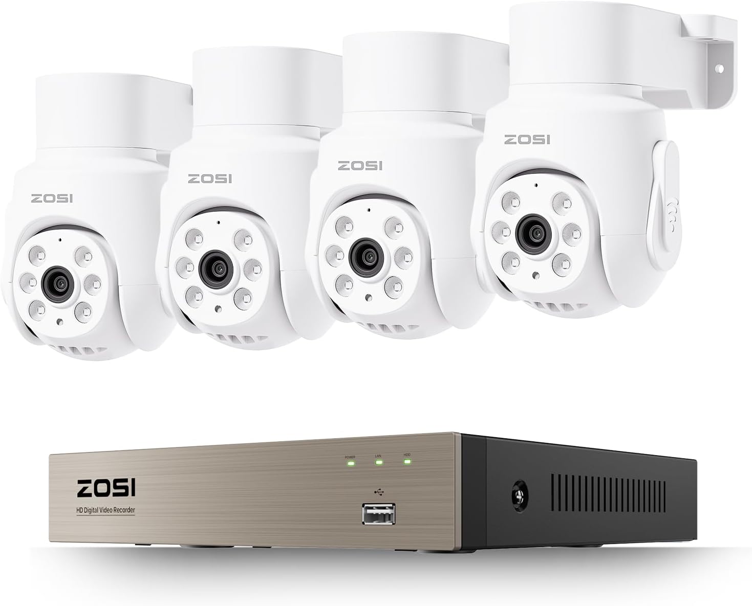 ZOSI 5MP Wired Security Camera System with 4pcs 1080p Pan/Tilt 360°View Indoor Outdoor Camera, AI Human Vehicle Detection, Night Vision, Audio Recording, Remote Access (No HDD)