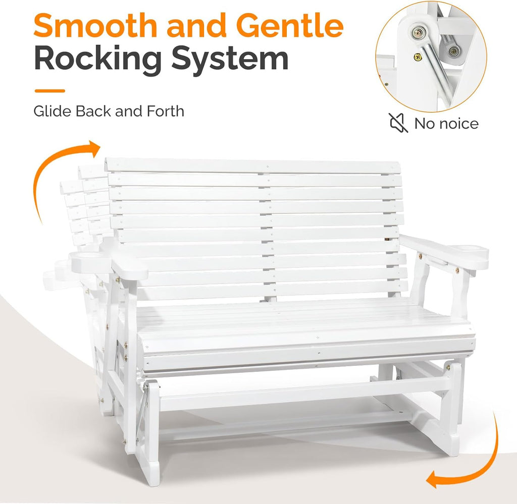 VINGLI Outdoor Glider Wood Patio Chair with Cup Holders, Outdoor Bench Glider Loveseat with Smooth Rocking Mechanism, Heavy Duty 800 LBS, White