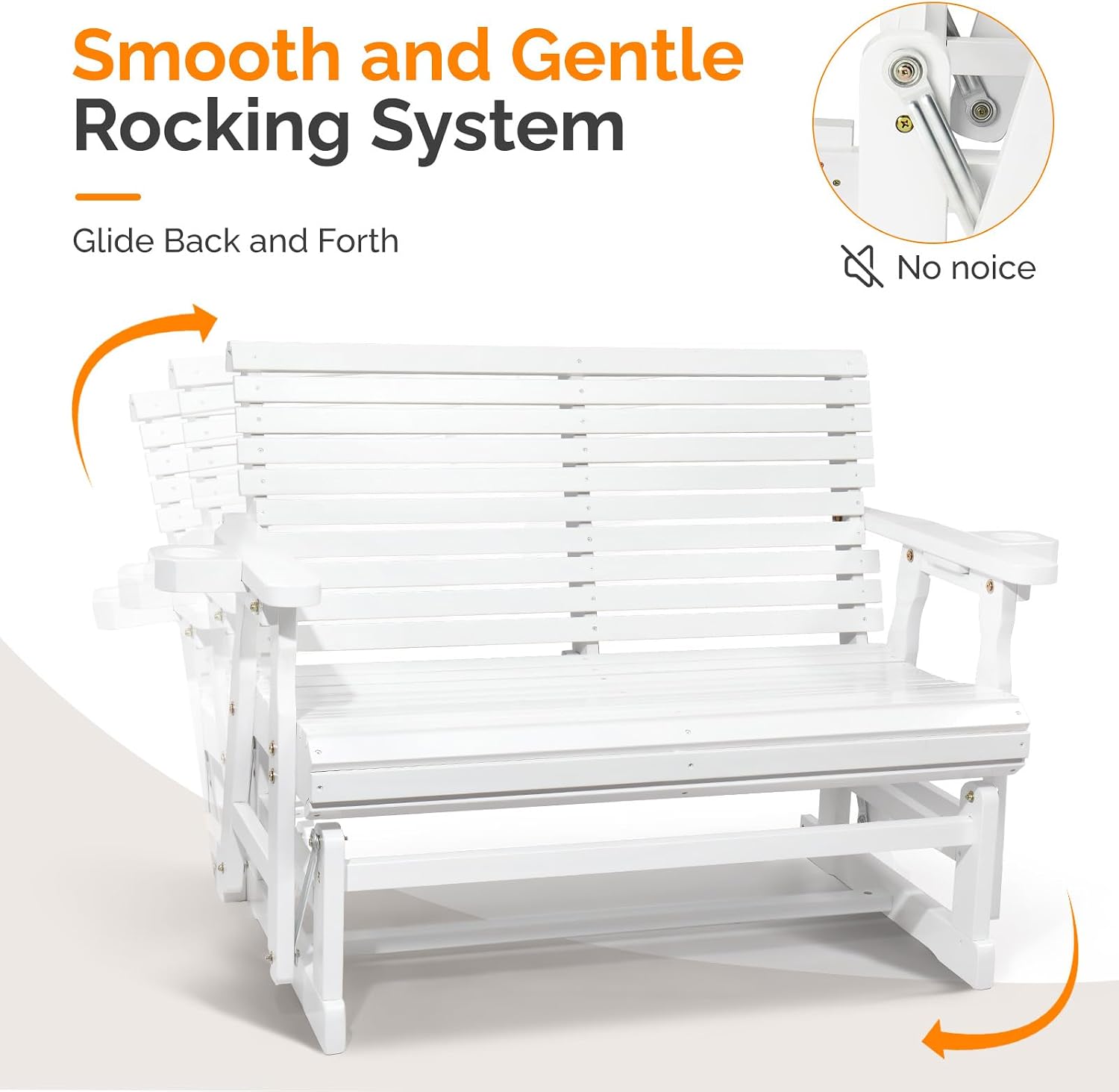 VINGLI Outdoor Glider Wood Patio Chair with Cup Holders, Outdoor Bench Glider Loveseat with Smooth Rocking Mechanism, Heavy Duty 800 LBS, White