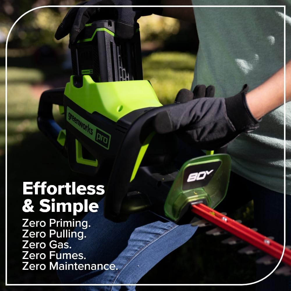 Greenworks PRO 80V 26'' Rotating Handle Hedge Trimmer Cordless, Includes 2.0Ah Battery and Charger, Brushless Landscaping Tool, Dual Action Blades