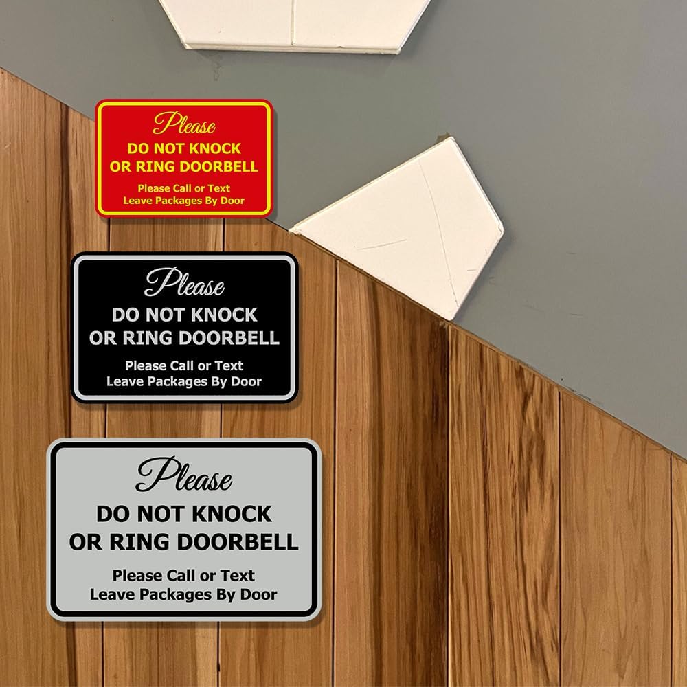 Signs ByLITA Classic Framed Please Do Not Knock Or Ring Doorbell Wall or Door Sign - Easy Installation | Mail Delivery Instruction | Do Not Disturb (Black/Silver) - Large 10 Pack