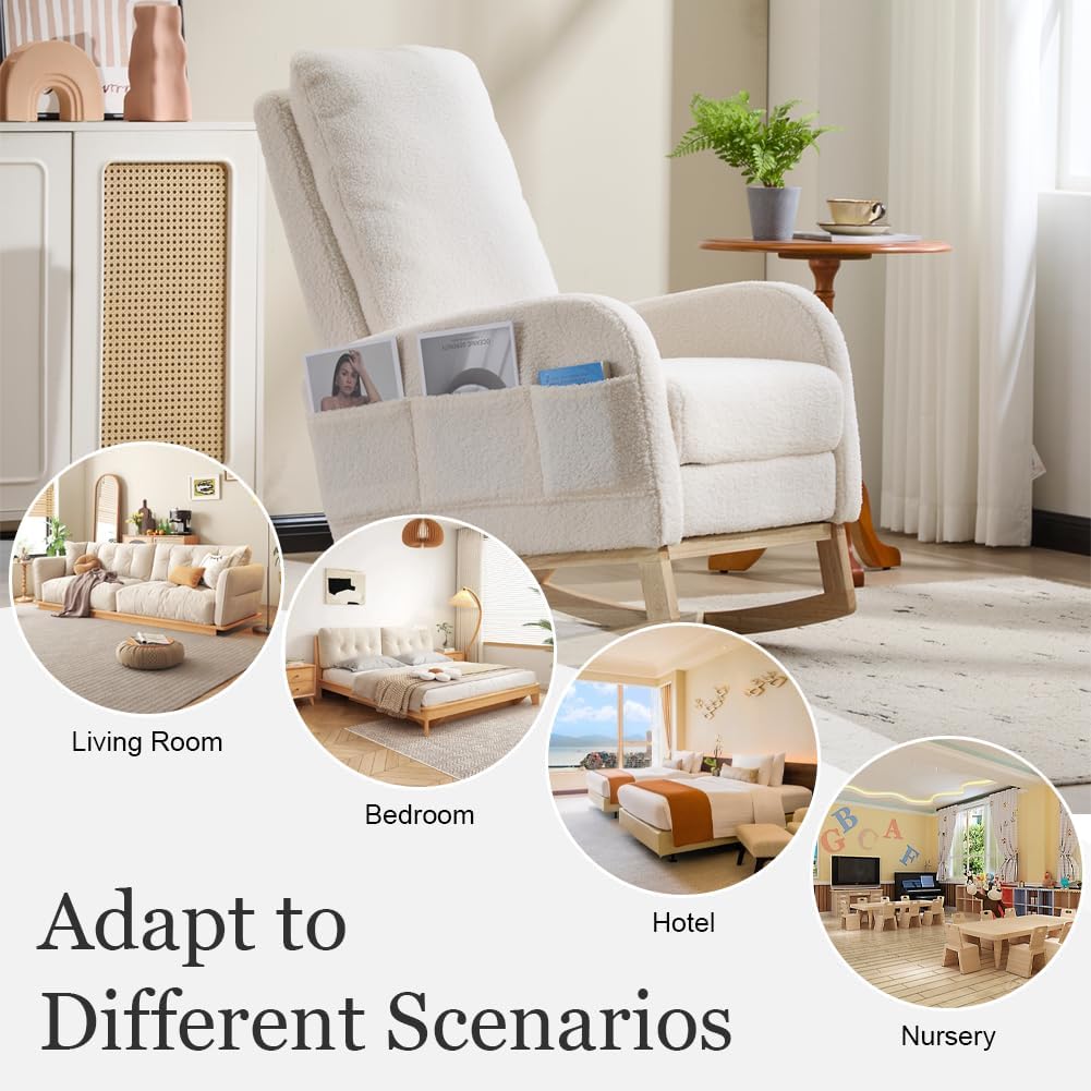 Rocking Chair Nursery with Foot Rest, Sherpa Nursing Rocking for Mom Nursery Rocker Chair with High Straight Backrest, Armchair Rocker Glider with Side Pocket for Living Room, Bedroom, Teddy White