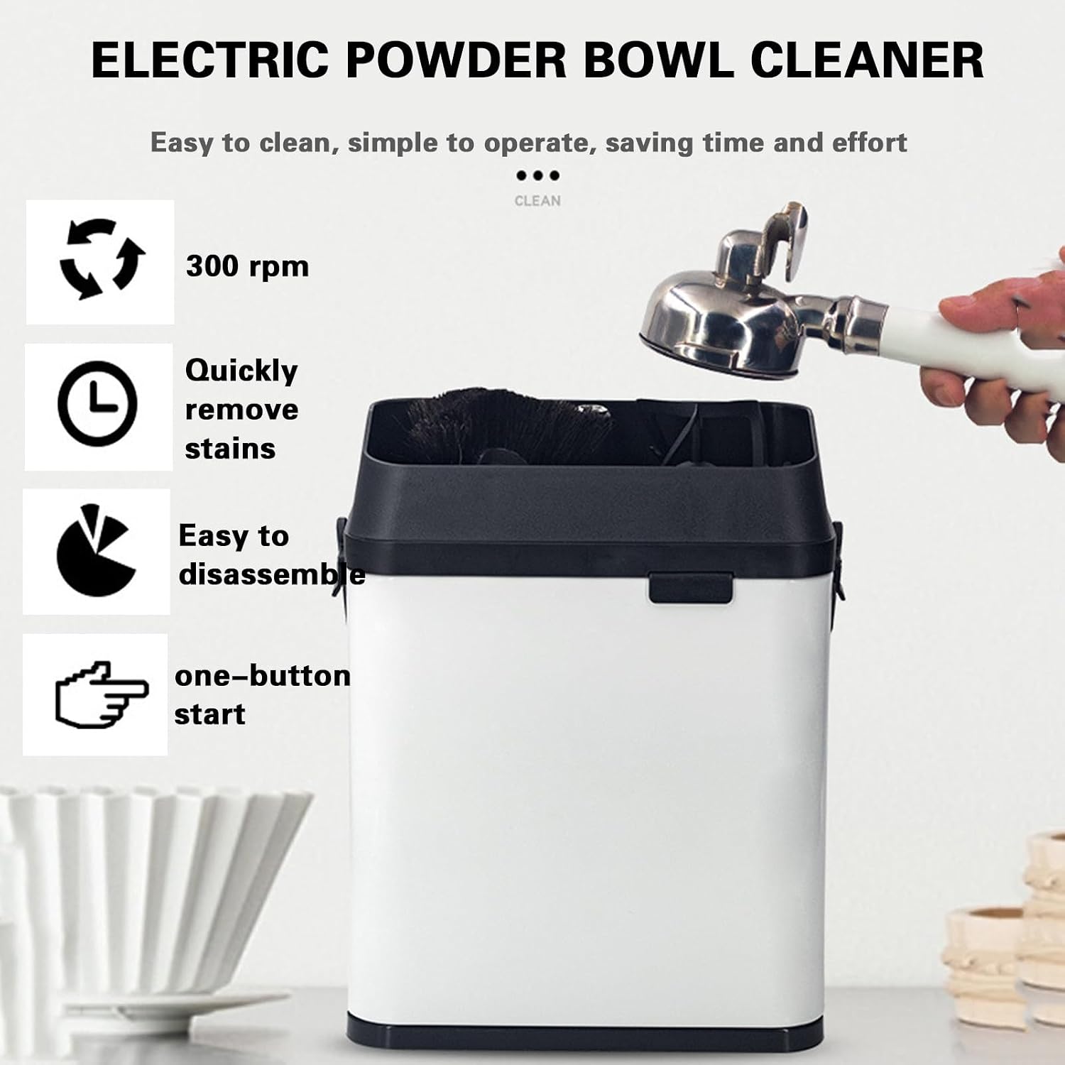 Electric Automatic Coffee Grounds Cleaner for Espresso Machine Handle,with Brush and Powder Wiper Cleaning Machine (White)