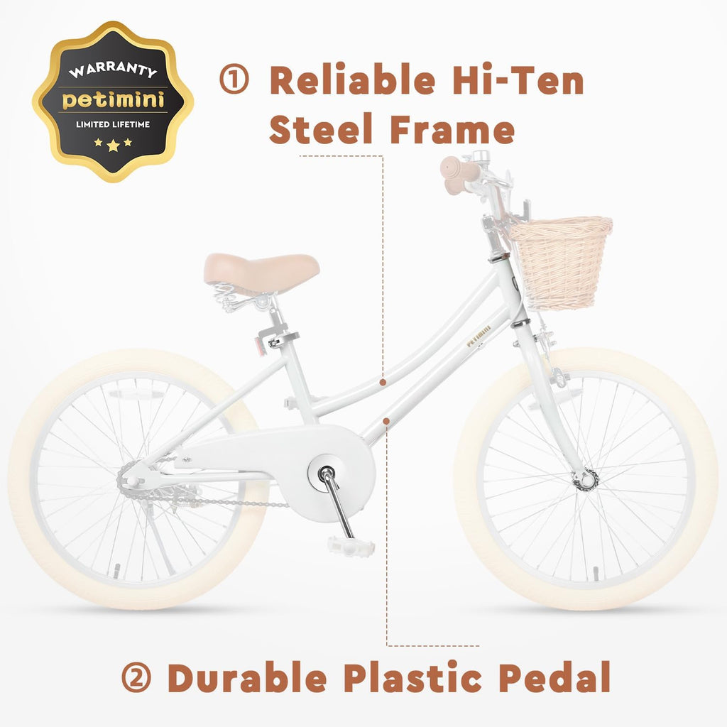 Petimini Vintage Kids Bike for Girls, 12–20 Inch Classic Bicycle with Wicker Basket & Bell, High Tensile Steel Frame, Training Wheels (12–18'), 85% Pre-Assembled, Retro Bike for Outdoor Riding