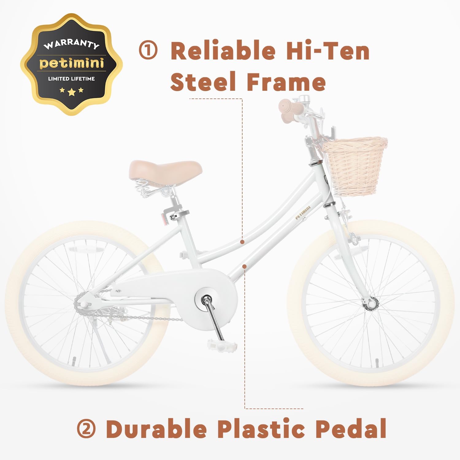 Petimini Vintage Kids Bike for Girls, 12–20 Inch Classic Bicycle with Wicker Basket & Bell, High Tensile Steel Frame, Training Wheels (12–18'), 85% Pre-Assembled, Retro Bike for Outdoor Riding