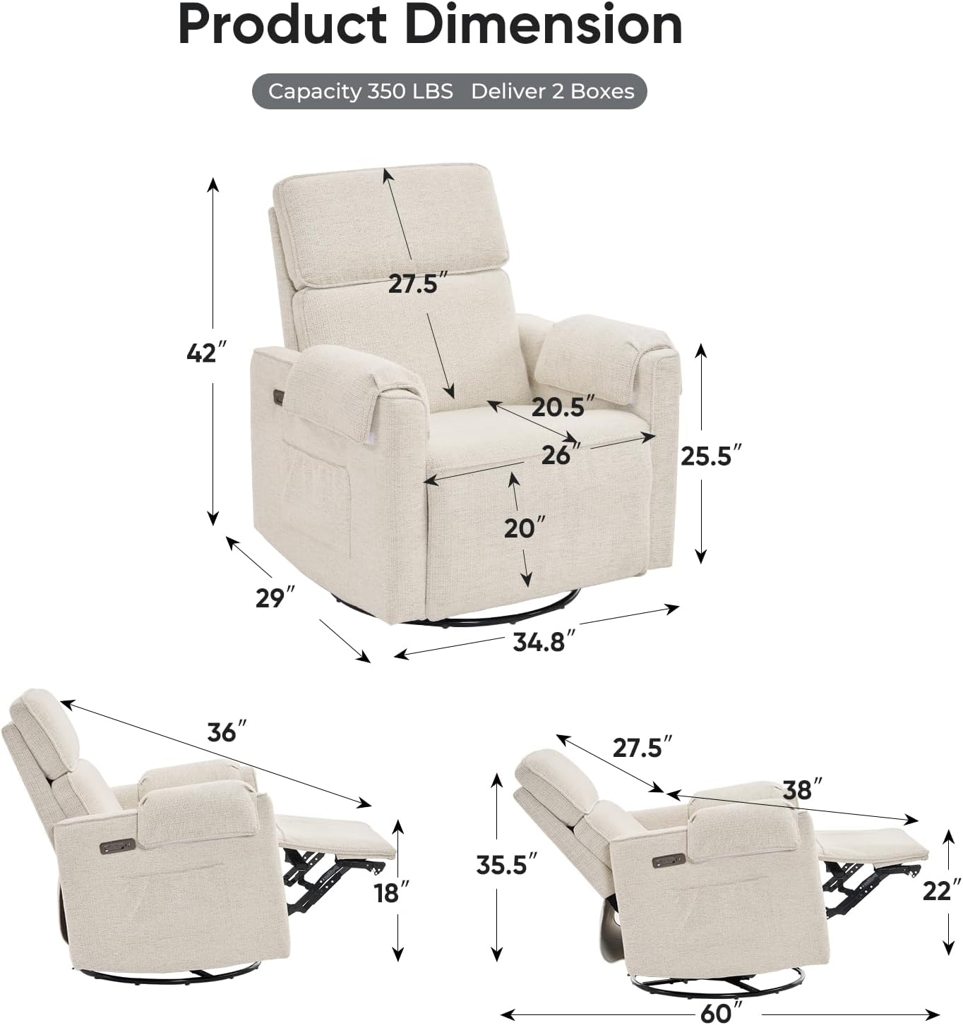 Oversized Power Recliner Chair, 26' Extra Wide Swivel Rocker Recliner with Adjustable Headrest, Chenille Glider Rocking Nursery Chair with Overstuffed Armrest, USB Ports, White