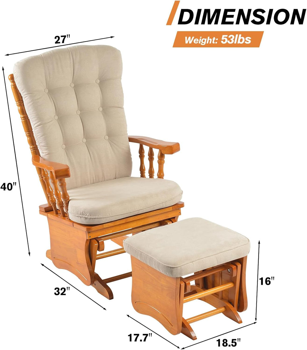 Anti-Pinch Solid Wood Hand Glider Rocking Chair Set with Ottoman, Padded Cushion, Rustic Rubber Wood Nursery Glider for Nursing, Relaxing, Living Room, Bedroom, Honey Colored