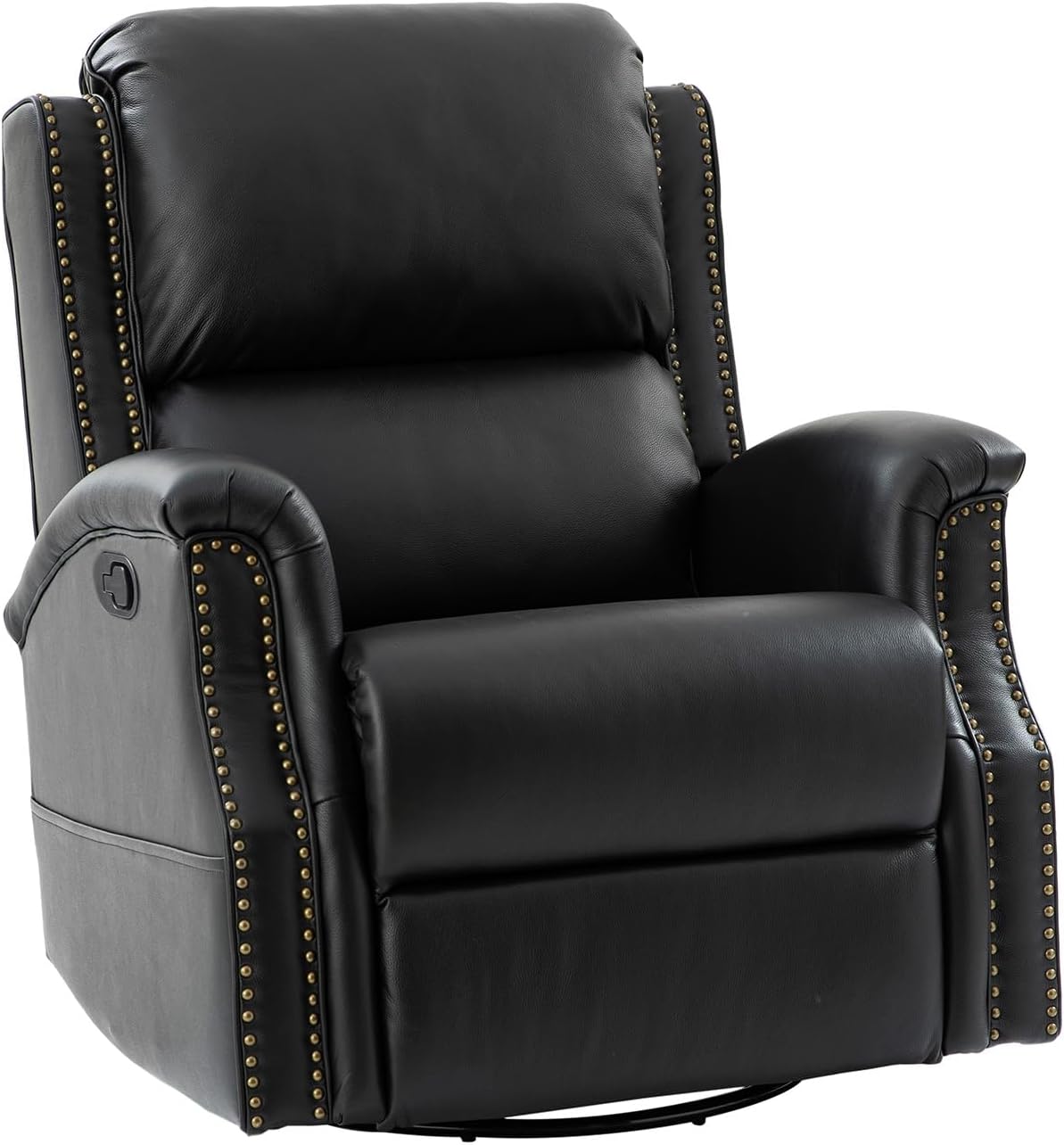 HULALA HOME Genuine Leather Recliner Chair, Swivel Rocker Chair with Thick Seat, Classic Push Back Armchair with Backrest, Nailhead Trim, Black